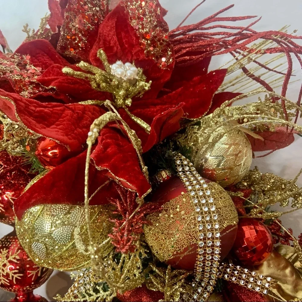 New Elegant Large Christmas Red Gold Sparkling Poinsettia Door Wall Wreath